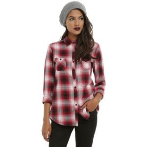 Hot Topic Red & Gray Tartan Plaid Button Down L